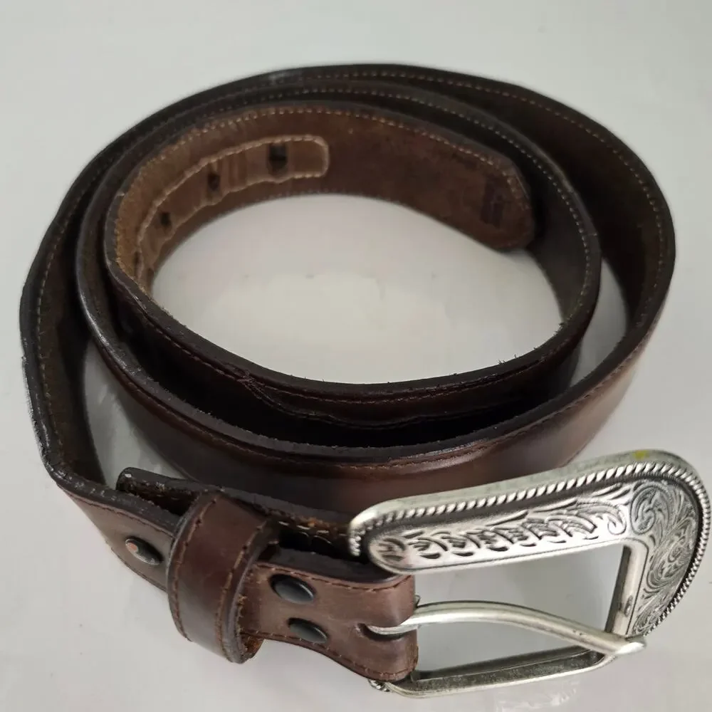 3D Belt Men's 42 Brown Genuine Leather Silver Tone Tooled Buckle Western Cowboy